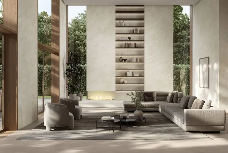 Atlas Plan TRAVERTINO HALO WHITE — πορσελανάτο πλακάκι με όψη μαρμάρου