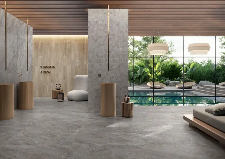 Caesar Quartz Essence — πορσελανάτο πλακάκι δαπέδου και τοίχου με όψη πέτρας, για εσωτερικούς και εξωτερικούς χώρους