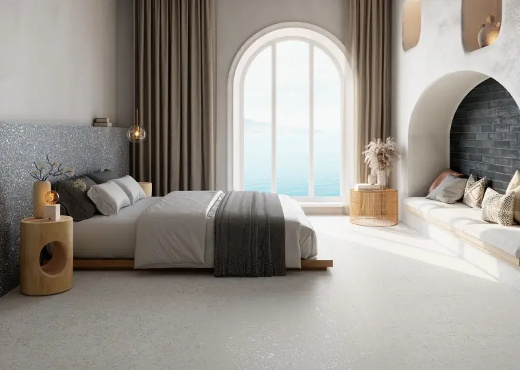 Grespania Santorini — πορσελανάτο πλακάκι δαπέδου με όψη terrazzo, για εσωτερικούς και εξωτερικούς χώρους