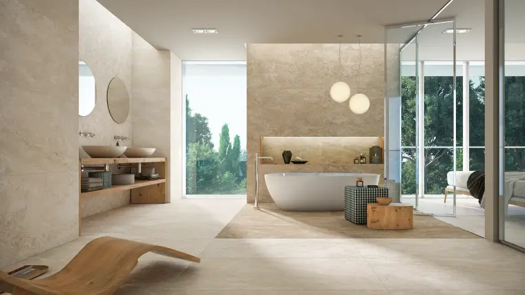 Novabell Thermae — ολόμαζο πορσελανάτο πλακάκι δαπέδου και τοίχου με όψη πέτρας, για εσωτερικούς και εξωτερικούς χώρους