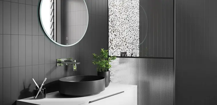 RAK Ceramics Dark ink brick — κεραμικό πλακάκι με όψη terrazzo