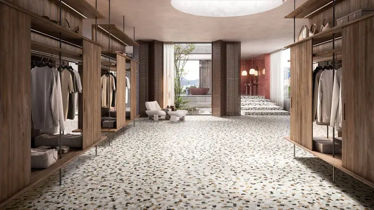 Ceramiche Refin Palladia — πορσελανάτο πλακάκι δαπέδου και τοίχου με όψη terrazzo, για εσωτερικούς και εξωτερικούς χώρους