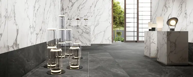 Ceramiche Refin Prestigio White — πορσελανάτο πλακάκι δαπέδου και τοίχου με όψη μαρμάρου, για εσωτερικούς και εξωτερικούς χώρους