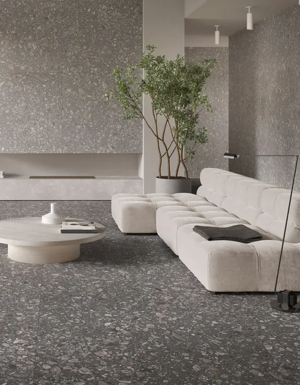 Saime Ceramiche Gréstone — ολόμαζο πορσελανάτο πλακάκι δαπέδου και τοίχου με όψη terrazzo
